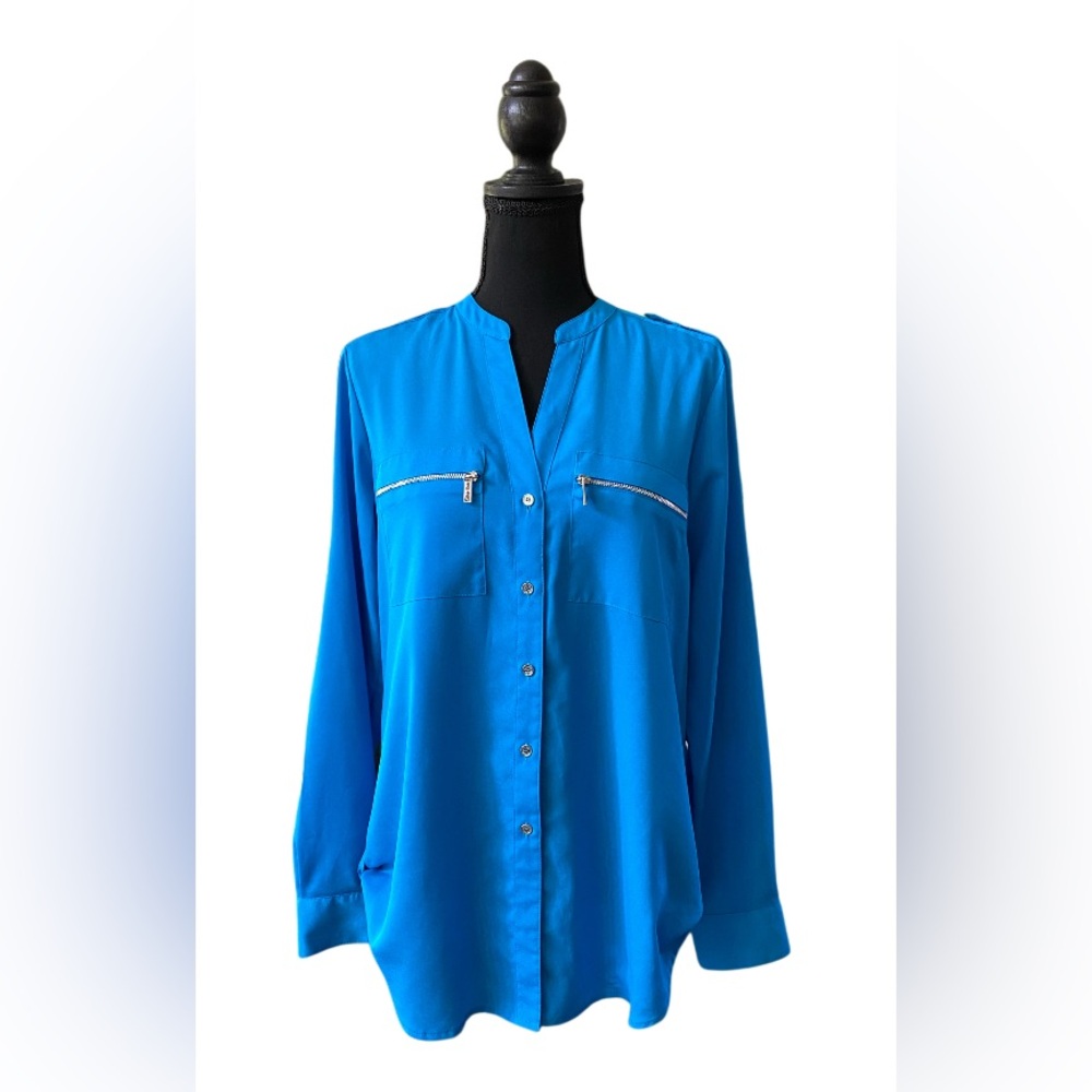 Calvin Klein: Blue Long Sleeve Button Up  Blouse with Mandarin Collar